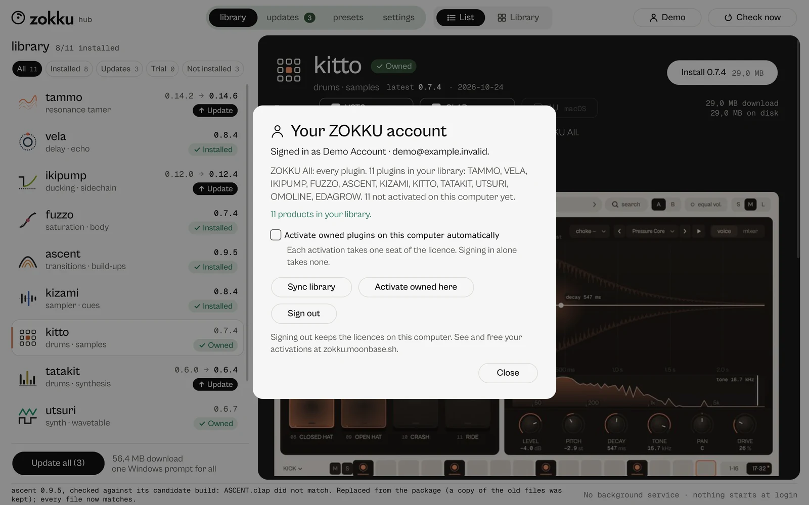 The ZOKKU account sheet in the Hub, signed in to a demo account: the library, the switch to activate owned plugins automatically, Sync library, Activate owned here and Sign out.