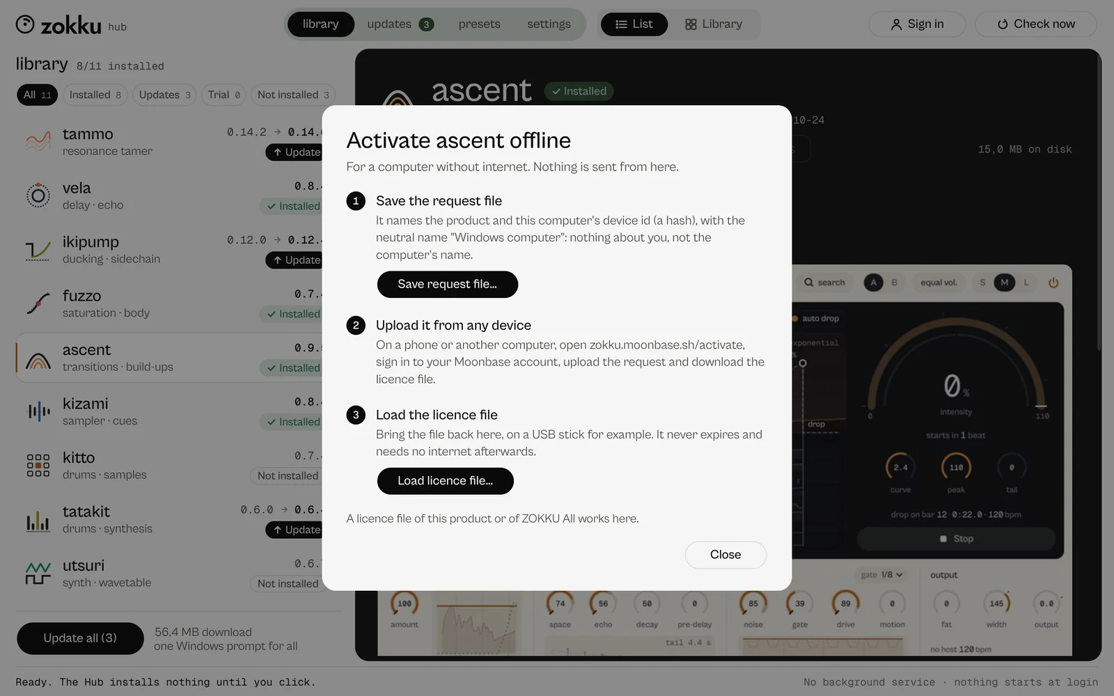 The offline activation sheet of the Hub for ascent, in three steps: save the request file, upload it from another device, load the activation file.