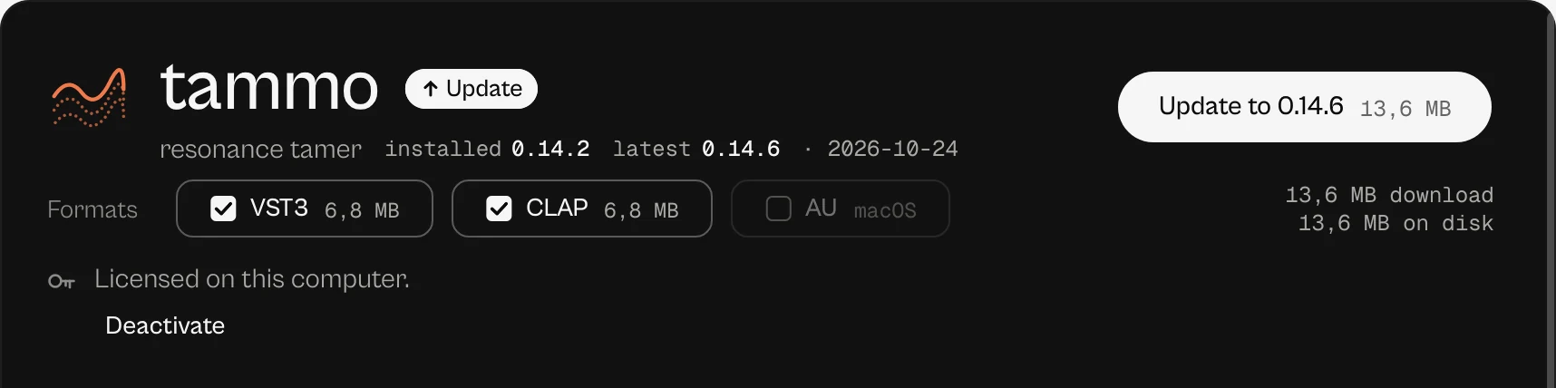 tammo in the Hub: installed and latest version, the Update button with its size, the formats VST3 and CLAP ticked with their sizes, AU for macOS, the download and the space on disk.