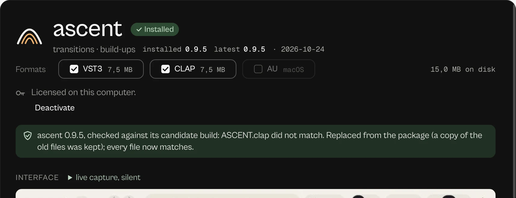 ascent in the Hub after Repair and verify: one file did not match, it was replaced from the package, a copy of the old files was kept, and every file now matches.
