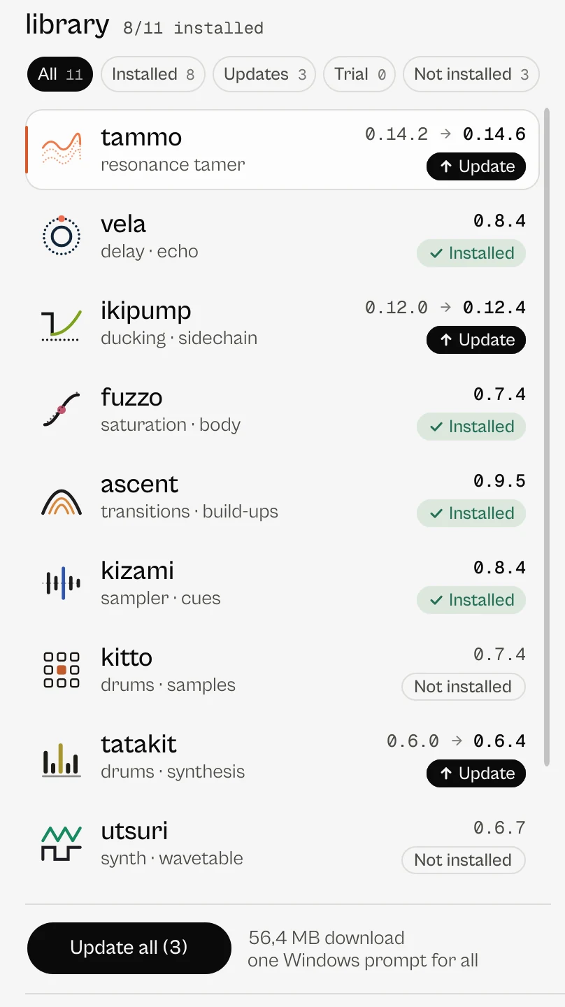 The list in ZOKKU Hub: each plugin with its installed and latest version and a state chip, Update, Installed or Not installed, the filters with their counts, and Update all with the megabytes and one Windows prompt for all.