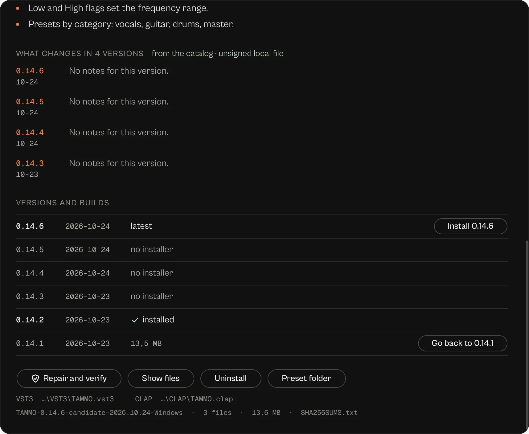 The versions of tammo in the Hub, with what changes in each newer version from the signed catalog and the buttons to go back to an earlier one.