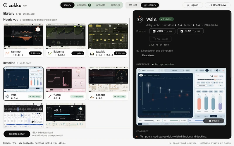 ZOKKU Hub, the Library view: the plugins as tiles with their real interfaces, what needs you first, and vela open in the panel.