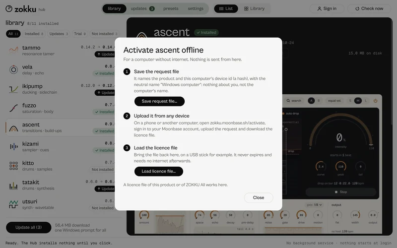 ZOKKU Hub, the activation sheet with Activate online and Activate offline.