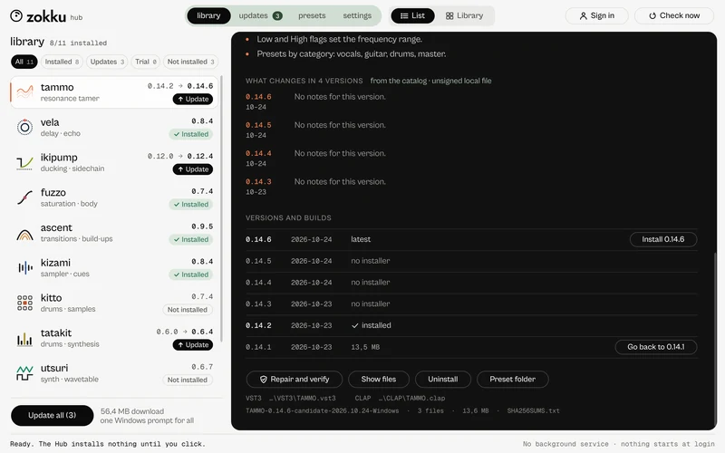 ZOKKU Hub, the versions list of a plugin, with the kept copy.