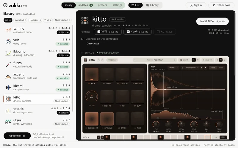 ZOKKU Hub, the panel of a plugin not installed yet, with formats and sizes.