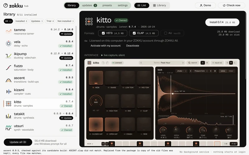 ZOKKU Hub, a plugin owned in the account, ready to install and activate.