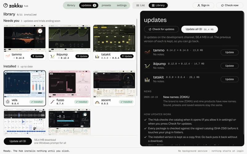 ZOKKU Hub, the list filtered to the plugins with an update.