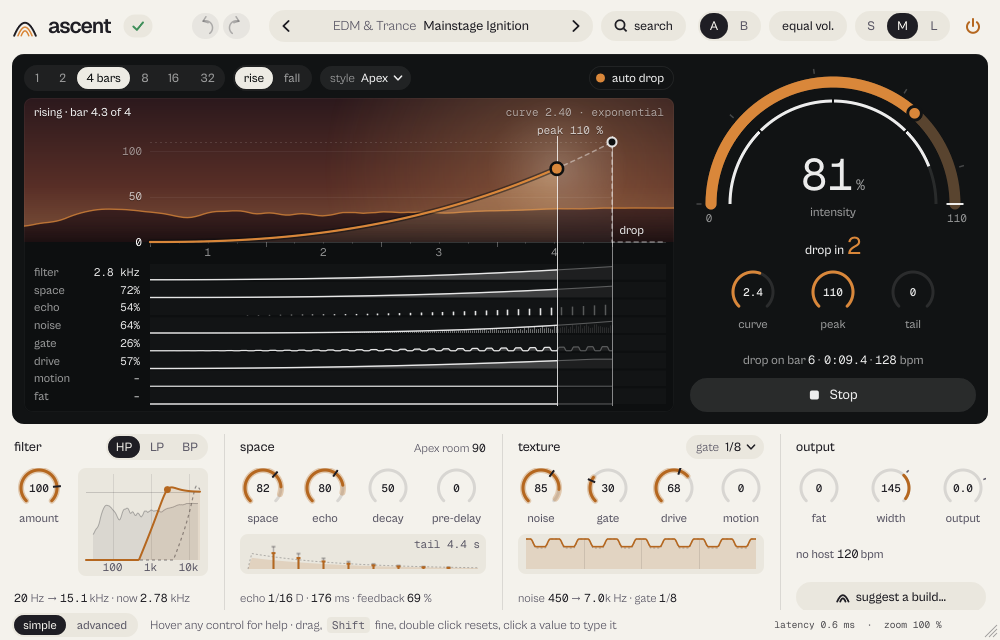 ascent with the preset Mainstage Ignition at 88 % of the rise: the curve, the lanes of filter, space, echo, noise, gate and drive, and the intensity arc.