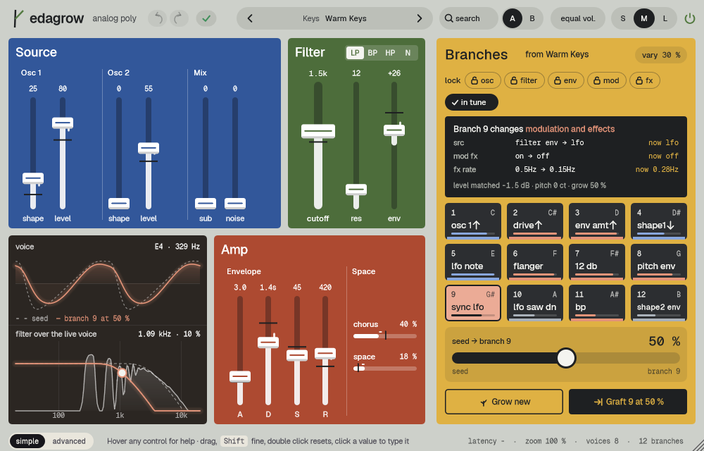 edagrow with the preset Warm Keys: a click on pad 9 plays its branch, the pad lights up and the voice box shows the waveform.