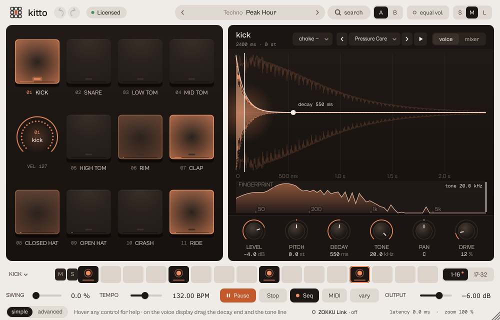kitto with the kit Peak Hour playing: the rubber pads lit, and on the right the kick voice with its waveform and fingerprint.