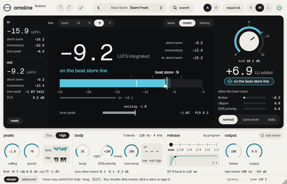 omoline with the preset Store Front on the test trap beat: meter display, −9.2 LUFS integrated on the beat store line, +6.8 LU added.