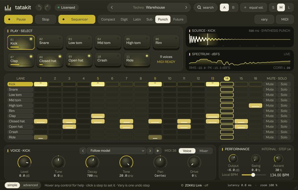tatakit with the scene Warehouse playing: pads, the 16-step grid, the synthesized hit in SOURCE and the SPECTRUM monitor.