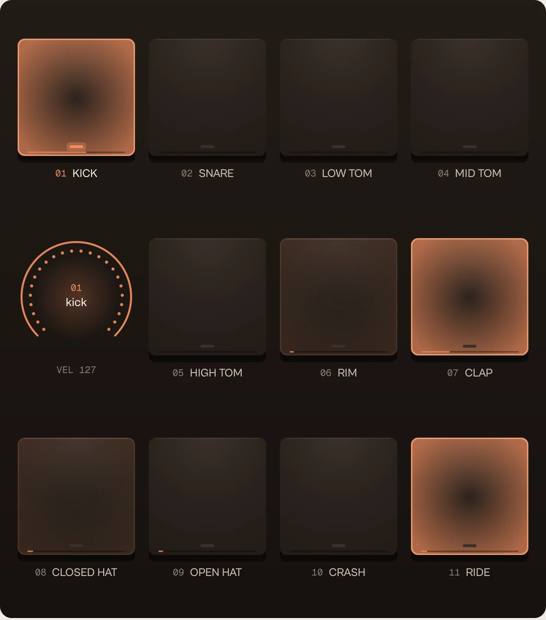 The kitto pads: kick, clap and ride lit in orange, and the velocity hub showing 01 kick, VEL 127.