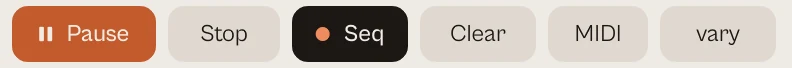 The Pause, Stop, Seq, Clear, MIDI and vary buttons.