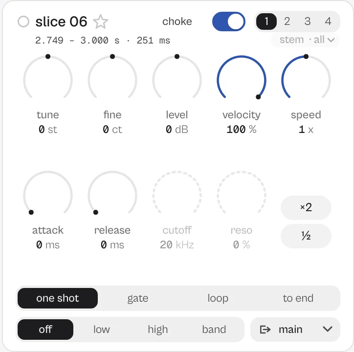 The panel of slice 06: choke, tune, fine, level, velocity, speed, attack, release, cutoff, reso, the modes and the output menu.
