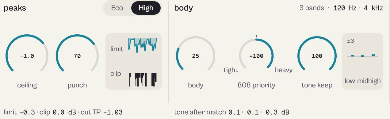 Peaks with ceiling -1.0 and punch 70, Eco and High; body 25, 808 priority +100 and tone keep 100.