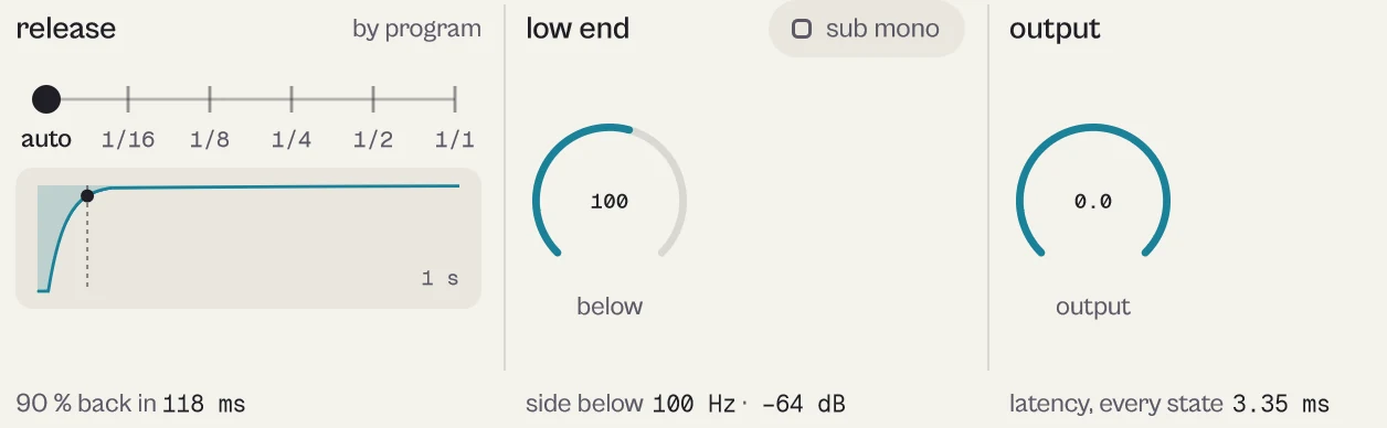 Release set to auto with the recovery graph, low end with sub mono and below 100, and output 0.0.