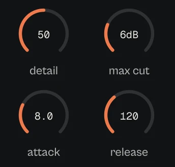 The detail knob at 50, max cut 6 dB, attack 8.0 and release 120.