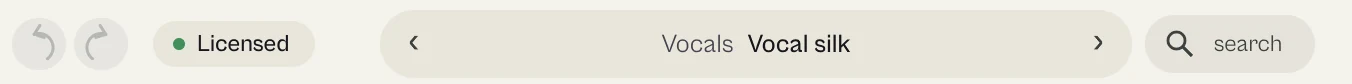 The tammo top bar: undo and redo, the Licensed chip, the preset pill Vocals, Vocal silk, and search.