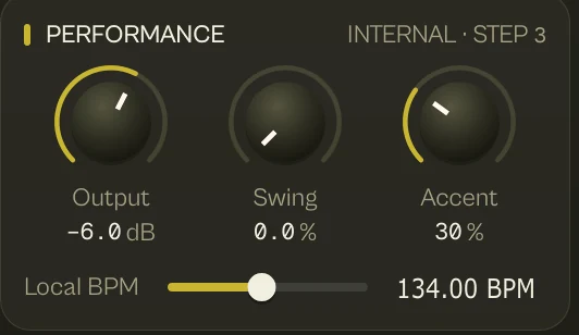 PERFORMANCE: Output -6.0 dB, Swing, Accent 30 % and Local BPM 134.00.